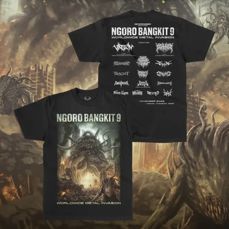Mockup resmi T-Shirt NGORO BANGKIT 9 hitam: bagian depan bergambar key art makhluk di kota terbakar, bagian belakang memuat daftar band