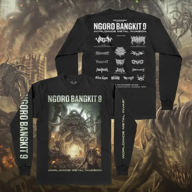 Mockup resmi Longsleeve NGORO BANGKIT 9 hitam dengan tulisan NGORO BANGKIT 9 di lengan kiri dan WORLDWIDE METAL INVASION di lengan kanan
